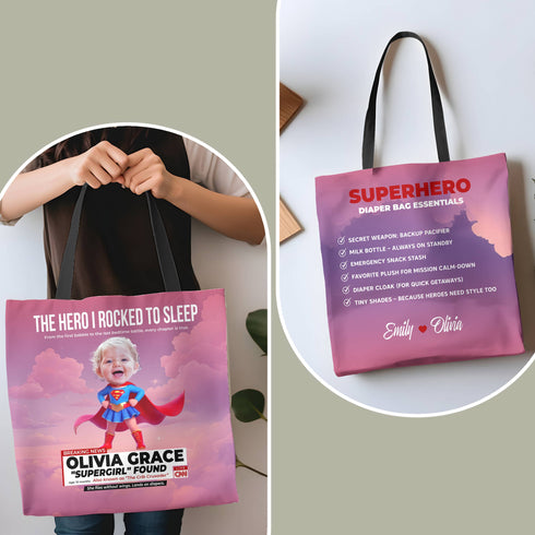 Personalized Supergirl Baby Tote Bag – Funny Superhero Gift for Mom with Custom Photo & Name